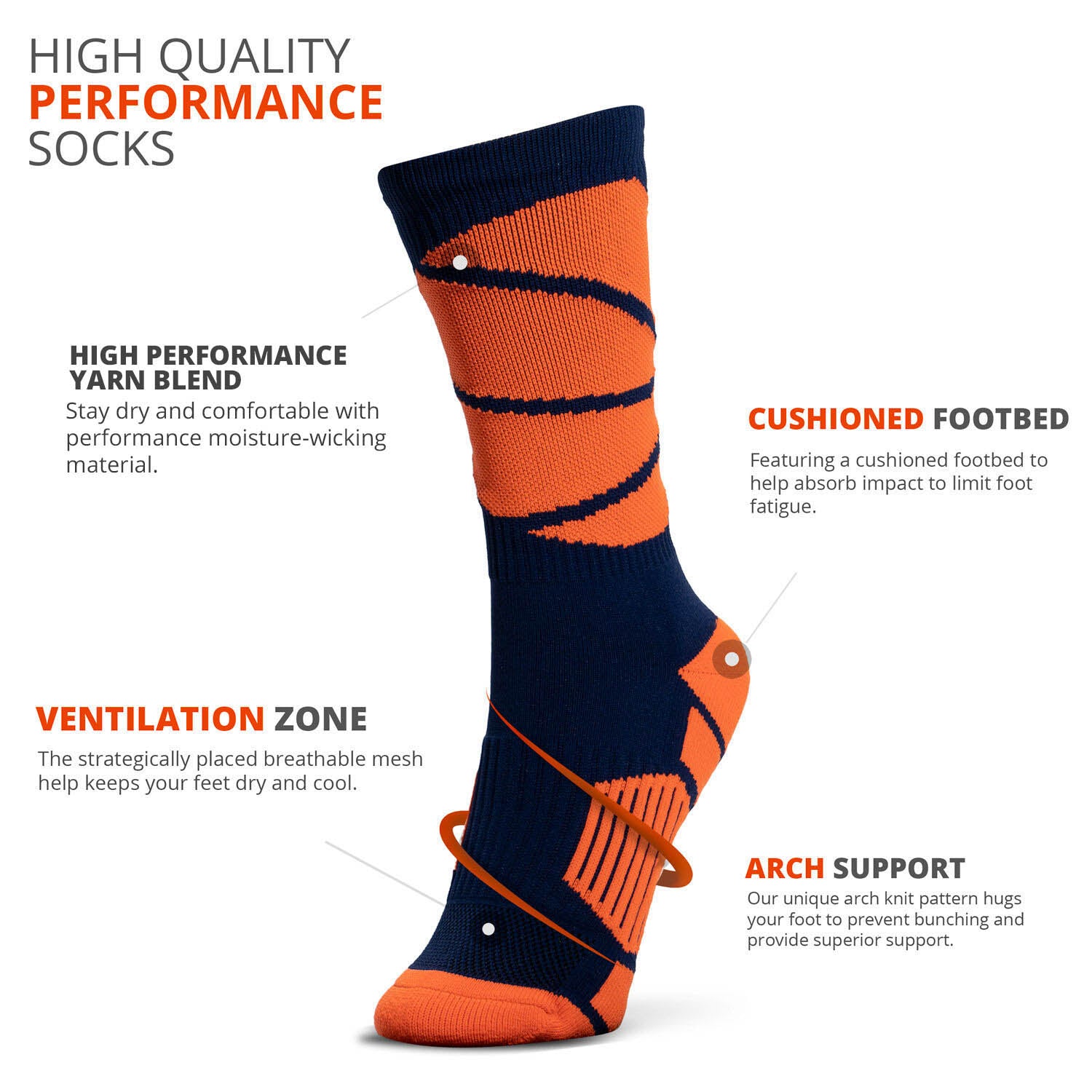 Basketball Woven Mid-Calf Socks – Ball Wrap (Navy & Neon Orange)